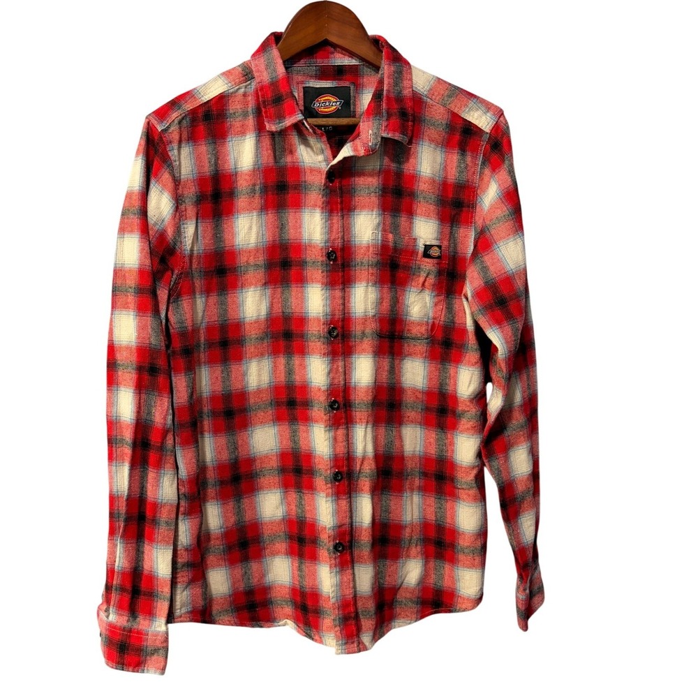 Dickies Mens Large Red Cream Plaid Flannel Long Sleeve Button Down Work Shirt L